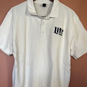 Miller Lite Men’s Pique Polo Short. White with navy embroidered logo. Size XL.